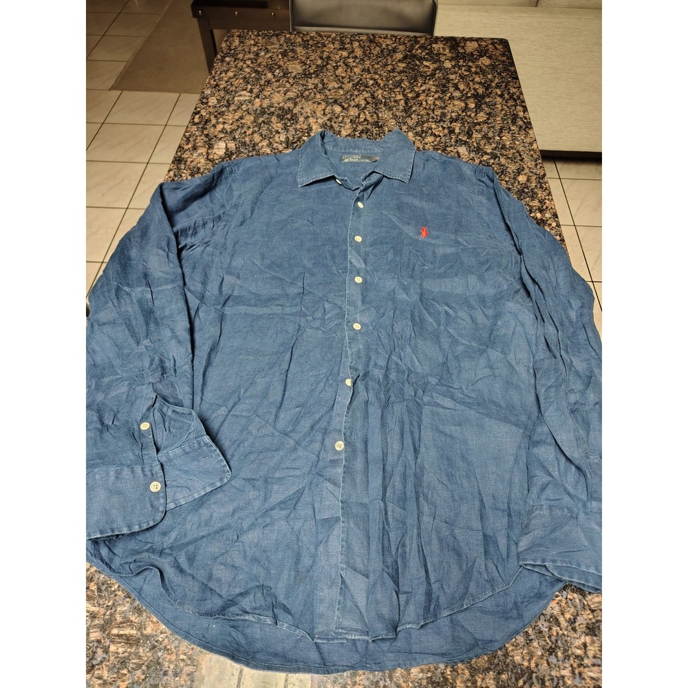 Polo Ralph Lauren Mens Large Blue 100% Linen Long Sleeve Button Down Shirt Pony